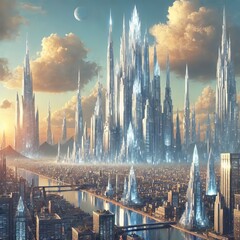 Poster - crystal spires a city with towering spires made of transparent c