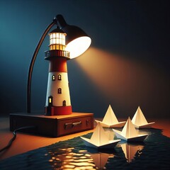 Poster - desk light lighthouse a desk lamp that guides paper boats across