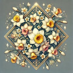 Poster - Diamond with Floral Pattern of Daffodils A diamond shaped frame