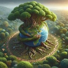 Poster - Ecosystem Hug A giant tree encircling a group of people in its p