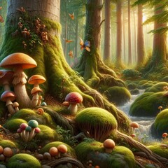 Poster - fantasy forest painted woodland scene with added mushrooms and m