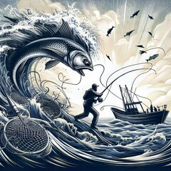 Poster - Fishing A dynamic illustration of a fisherman reeling in a catch
