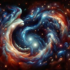 Poster - galactic cannibalism a texture where one galaxy shape seems to e