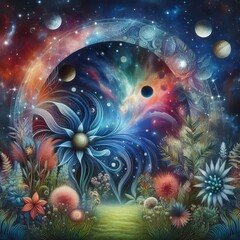 Poster - galactic garden combine celestial images with botanical illustra