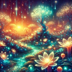 Poster - Glimmerglade the Glimmering Mire A shimmering iridescent landsca