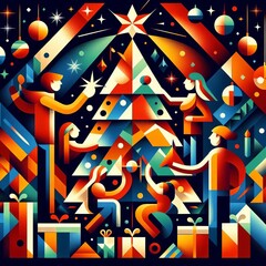 Poster - holiday celebration a stylized image of a family decorating a ch