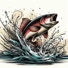 Poster - illustrate a fish jumping in a creek with dynamic lines and blur