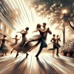 Poster - Illustrate dancers moving in a garden with dynamic lines and blu