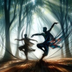 Poster - illustrate dancers moving in the forest with dynamic lines and b