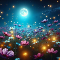 Poster - image a field of wildflowers bathed in moonlight fireflies twink