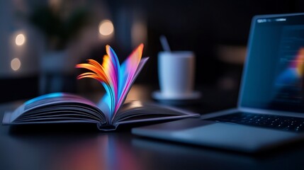 Canvas Print - Glowing pages of open book near laptop at night.