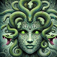 Poster - medusa’s gaze use snakes green tones and intricate patterns to