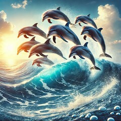 Poster - Oceanic Dolphin Pod Dolphins leaping through azure waves playful