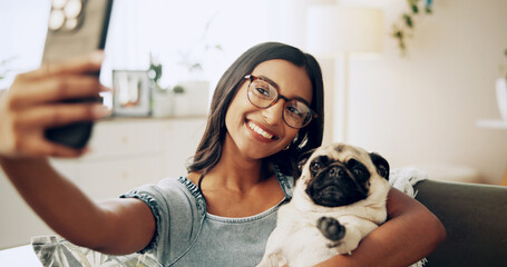 Wall Mural - Happy, dog and selfie with woman on sofa for bonding, social media post or pet adoption. Photography, relax and animal rescue with person in living room at home for foster care, picture or online