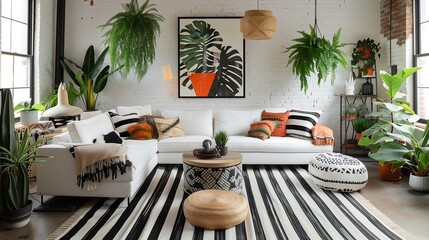 Wall Mural - Modern Scandinavian living room with a white sofa, black-and-white striped rug, and pops of green from hanging indoor plants. interior design concept 