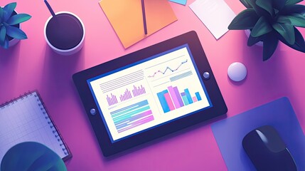 Poster - Digital Tablet Displaying Colorful Charts and Reports on Desk