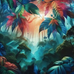 Poster - Rainforest Canopy Overlapping leaves in vibrant surreal colors