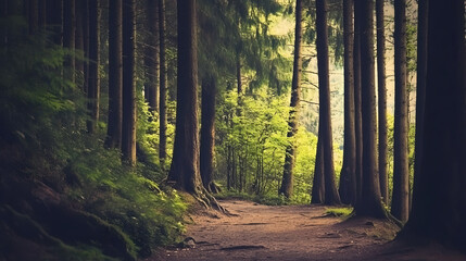 Aufkleber - A serene forest path surrounded by tall trees, with vibrant greenery and soft sunlight filtering through the foliage