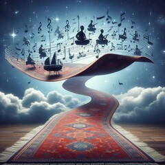 Poster - sheet music as flying carpet sheet music transforming into a fly