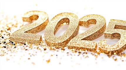 Wall Mural - Sparkling gold 2025 numerals on white background with glitter.