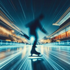 Poster - show a person ice skating in a courtyard at night with dynamic l