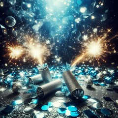 Poster - sparkling bright silver and blue confetti poppers releasing burs