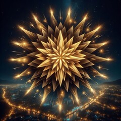 Poster - starburst shaped golden fireworks exploding beautifully against