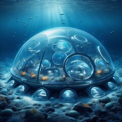 Poster - underwater habitat a clear dome habitat on a water world with vi