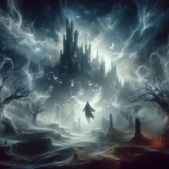 Poster - Visual A ghostly figure floating through a dreamscape of crumbli