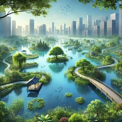 Poster - wetland city a city with integrated wetlands providing habitats