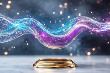 Poster - Colorful waves of light float above golden scales, creating a captivating cosmic dance filled with energy and sparkle