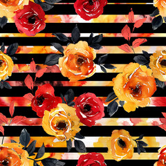 Wall Mural - Watercolor Red Black and Yellow Floral and Stripes