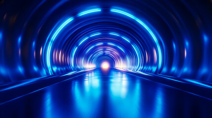 Wall Mural - An abstract tunnel corridor illuminated with rays of light, featuring a neon blue background with round arches in motion during the night.