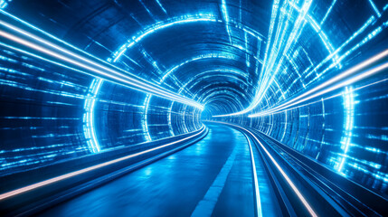 Wall Mural - An abstract tunnel corridor illuminated with rays of light, featuring a neon blue background with round arches in motion during the night.