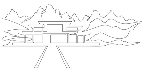 Wall Mural - Continuous one line drawing country modern house in the mountains. Residential house in nature. Residential landscape.One continuous line isolated minimal illustration.Not AI.