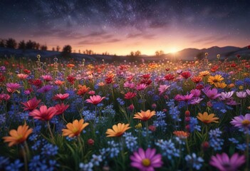 a field of colorful flowers aglow with an soft gentle light under a starry sky , flowers, light