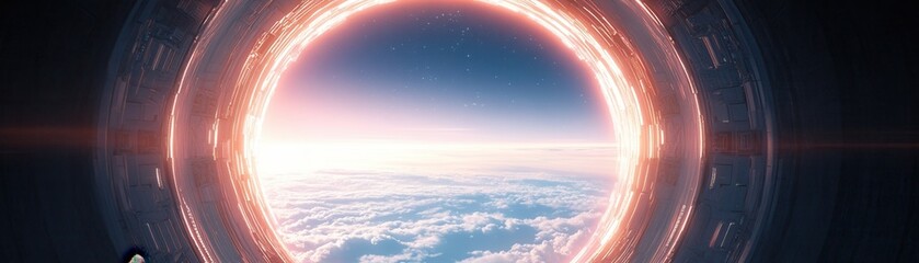 Wall Mural - a stunning view of a cosmic portal, revealing a vibrant sky and clouds, blending reality with the al