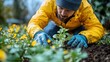 © Erisna Yolanda - A person planting a tree sapling in a garden, surrounded by large leafy plants and a compost bin, with gardening tools scattered nearby, embodying a sustainable, hands-on approach to nurturing nature