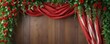 © Prasert - Red striped fabric draped over a wooden frame with hanging green leaves and flowers, wooden frame, green leaves