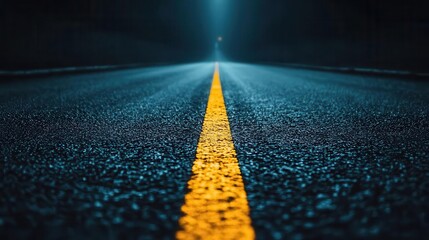 Dark, empty road at night with a single, faint yellow line running down the center, minimalist road, solitude