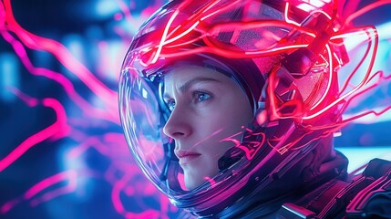 Wall Mural - a futuristic astronaut with neon light effects in a vibrant setting, showcasing advanced technology 