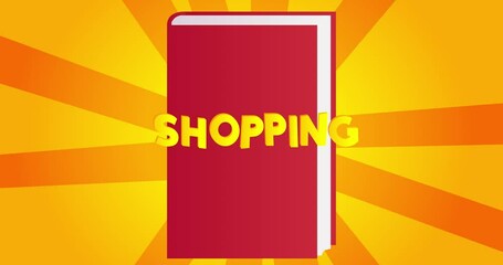 Poster - Shopping word with book, cartoon animation. Sale Publication background.