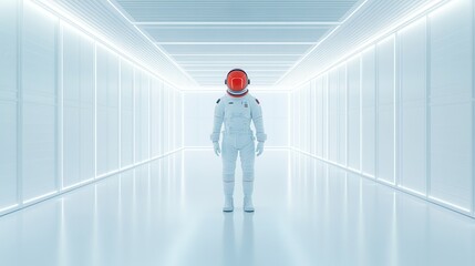 Wall Mural - a solitary astronaut in a futuristic, brightly lit corridor, wearing a striking red helmet, evokes a