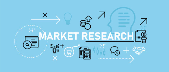 Poster - Market research consumer survey marketing plan data product and consumer fit service web header illustration concept with icon flat bright blue color
