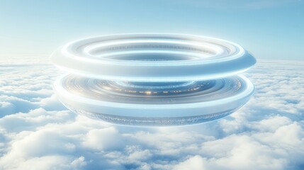 Wall Mural - a futuristic, hovering structure with glowing rings appears above fluffy clouds against a clear blue