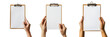 © ANISHA - Set of A Hand holding a blank clipboard isolated on Transparent PNG format Background.