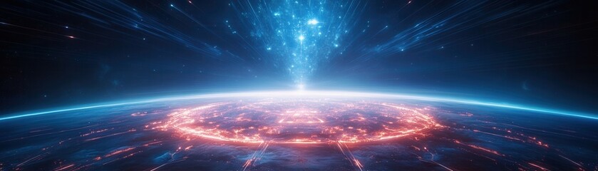 Wall Mural - a vibrant cosmic scene depicting a glowing ring around a planet, with beams of light emanating from 