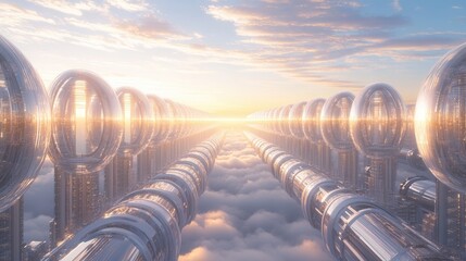 Wall Mural - a futuristic landscape featuring metallic structures extending into a bright horizon above a sea of 