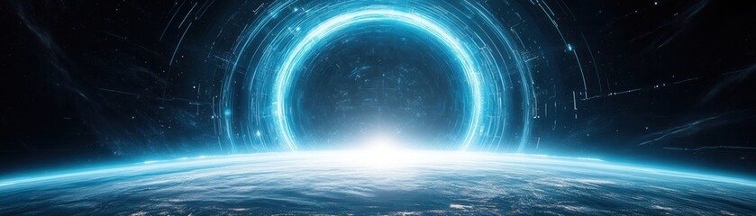 Wall Mural - a stunning cosmic scene featuring a glowing portal above a planet, surrounded by ethereal light and 