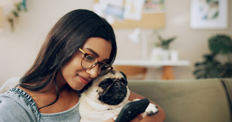Poster - Relax, dog and phone with woman on sofa for bonding, social media post and pet adoption. Happiness, scroll and animal rescue with person in living room at home for foster care, search and online app
